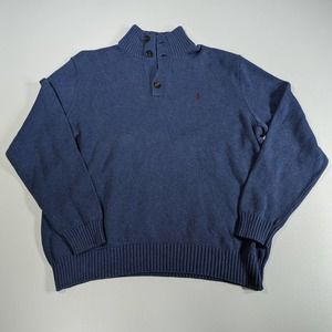 Polo Ralph Lauren Sweater Men's XL Blue 3 Button Placket Mock Neck Stretch Waist